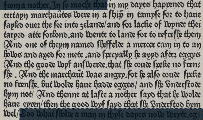 Screenshot of a portion of a page from Caxton's _Eneydos_,
  transcribed below.  The font is a dense “black letter” style, with
  thick vertical strokes and angular shapes.