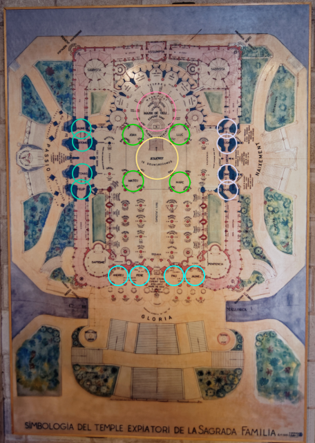 Same floor plan
as before, with eighteen colored circles marking the locations of the
spires.