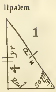 A right triangle,
labeled ‘Upalem’.  Let us call the legs X, Y, and the hypotenuse H,
although these names do not appear in the diagram. <br />
H is crossed by a single mark, Y two marks.  Inside the figure, the
hypotenuse is labeled ‘p.’ and with something that might be capital
‘H’ or lowercase ‘u’.  The angle between H and X is labeled ‘sapy 3.’.  The right angle
between X and Y is labeled “Rad”.  Near side Y are the notations “4”
and “yr”.