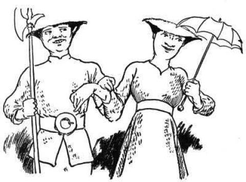 A cheerful-looking Flathead
out with his wife.  He is carrying a halberd, and she a parasol.
They are smiling, and their arms are linked.