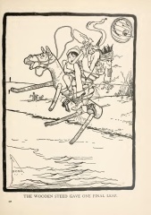 The Sawhorse leaps across the stream.  Tip, Jack, and the Scarecrow are tied to the sawhorse, and all four look very surprised. Jack's head is midair, being left behind.
