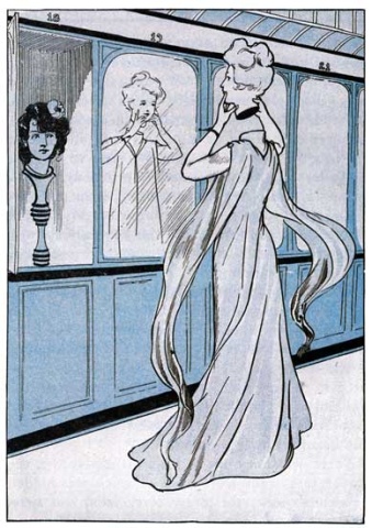 Princess Langwidere, a graceful woman in a flowing, short-sleeved gown, is facing away from us, looking in one of a row of numbered mirrors. She his holding her head in both hands, apparently lifting it of or putting it on, as it is several inches above the neck.  Both head and neck are cut off clean and straight, as if one had cut through a clay model with a wire.  The head is blonde, with the hair in a sophisticated updo. Evidently the mirrors are attached to cabinet doors, for the one to the left, numbered “18”, it open, and we can see another of Langwidere's heads within, resting on a stand at about chest height. It has black hair, falling in ringlets to the neck, and wears a large flower. it appears to be watching Langwidere with a grave expression.  The picture is colored in shades of grayish blue.