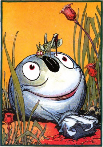 A full-color illustration of
the Scarecrow's head lying on the ground.  The head is a stuffed sack
with the opening loosely tied.  The Scarecrow is smiling calmly (his
smile is painted on) and is looking at the grasshopper that his
perched on on his (flat, painted-on) nose.  The grasshopper, whose
back leg is wooden, is looking down at the Scarecrow's right eye.
Around the two are red wildflowers and stems of tall grass.