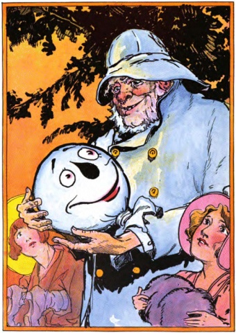 A full-color illustration of
Cap'n Bill holding the  Scarecrow's head in his arms.   The head is
still smiling, but perhaps a little more wanly than usual.
Cap'n Bill is an elderly man with a red nose and cheeks bushy white
eyebrowsm sideburns, and beard, but no mustache.  He is wearing a
fisherman's rain hat and a double-breasted blue overcoat.  At the
bottom of the picture are
Trot wearing the Scarecrow's boots on her hands, and Betsy, holding
another one of the Scarecrow's garments.