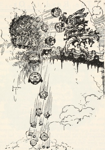 Shaggy Man is standing on a
narrow stone bridge over a deep gulf.  He faces a round, dark cave
entrance from which bursts a profusion of flying scoodler heads, all
grinning horribly, thrown by the massed scoodlers emerging from the
cave mouth.  The Shaggy Man is catching two of the heads.  To
his left,the already-caught heads are raining down into the
distance.