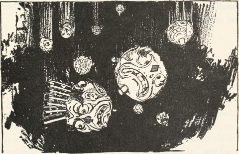 A closeup of several falling
scoodler heads, including that of the Scoodler Queen, wearing a
crown.  They scoodlers all seem to be greatly dismayed.