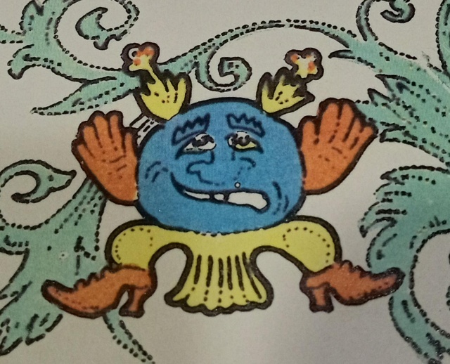 Closeup of one of the assorted
monsters.  This creature has a round blue body with two eyes, a lage
flat nose, and a mouth that goes up at one corner and down at the
other.  It has yellow legs and a fishlike tail, and appears to be
wearing red high-heeled shoes.  Red hands (or hands wearing red
gloves) are attached to the sides of its head/body where the ears
might be.  There are two yellow horns or anntennae on top of its
head.