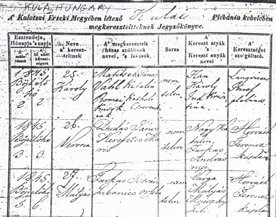 Top top third
of a page from a 19th-century birth register.  The page is ruled into
six labeled columns, and under this three entries are written in
cursive, in Hungarian.  A notation, in the upper left, is written in
print capitals “KULA, HUNGARY”. The scan is high-resolution, but
smudgy and speckled.
