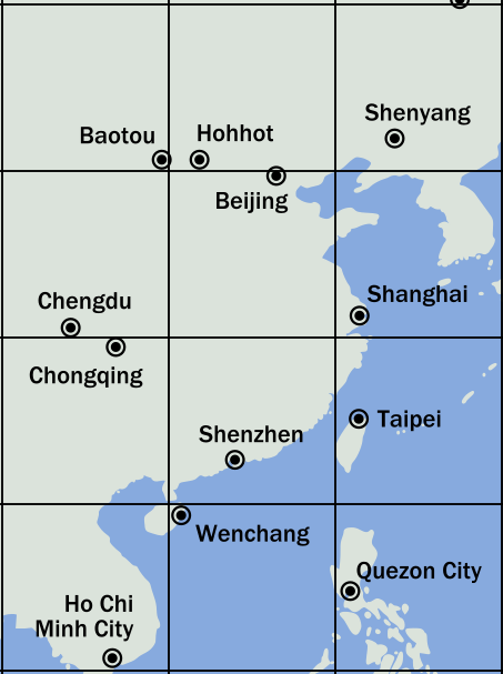 Eastern and central China, three boxes
wide and four tall.  The cites in order from right to left in rows
are: 1. Baotou, Hohhot, Shenyang; 2. Chengdu, Beijing,
Shanghai; 3. Chongqing, Shenzhen, Taipei; 4. Ho Chi Min City
(Vietnam), Wenchang, Quezon City (Philippines).