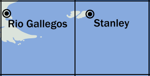 Map of the southern tip of South
America.  There is a west box, containing the very end of Tierra del
Fuego, and an east box.  The tiny Falkland Islands straddle the
boundary between the two boxes, with their capital city, Stanley, in
the eastern box.