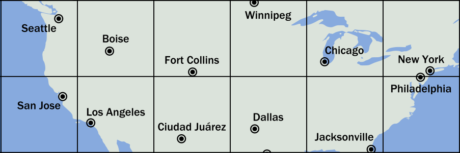 a small region,
six squares wide by two high, including most of the continental US.
The cities in the north six squares are: Seattle, Boise, Fort Collins
(Colorado), Winnipeg (Canada), Chicago, New York.  In the south
squares the cities are San Jose, Los Angeles, Cuidad Juárez (Mexico),
Dallas, Jacksonville, Philadelphia.