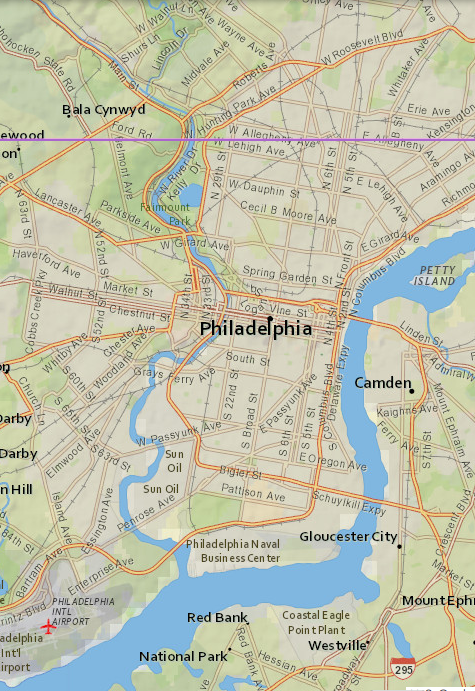 Map
of Philadelphia and environs, with the 40th parallel marked in purple,
passing through its northern regions