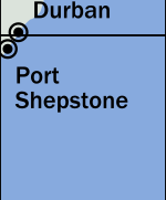 An even tinier corner of South
Africa, just south of Durban.  This time less than 1% of the box
contains land, with Port Shepstone marked. Durban is just barely in
the next box north.