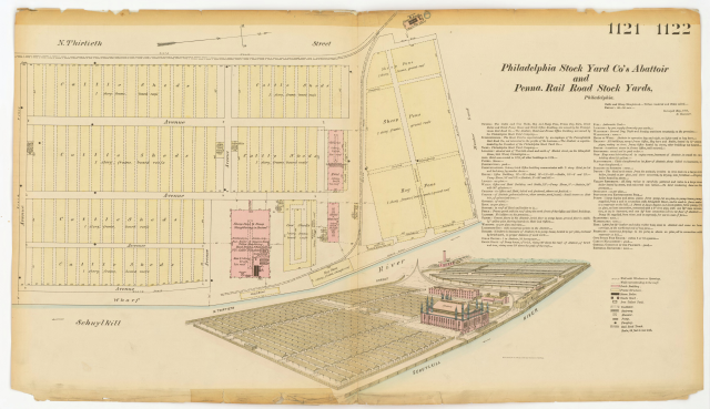 An isometric drawing of the site of
the office and hotel building, with “Stable and Hay Loft” to its
right, “Abbatoir” in the foreground, and “Pump House” in the
background.  These buildings, being brick, are colored pink; others
made of wood are colored yellow.  The abbatoir is a handsome and
ornate building, featuring four blue spires at each corner.