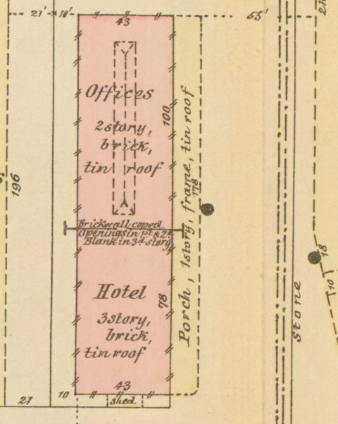 Plan of the buildings,
including descriptions (Offices, 2 story, 43 feet by 78; hotel, 3
story, 43 feet by 100; both brick
with tin roof) and other details.