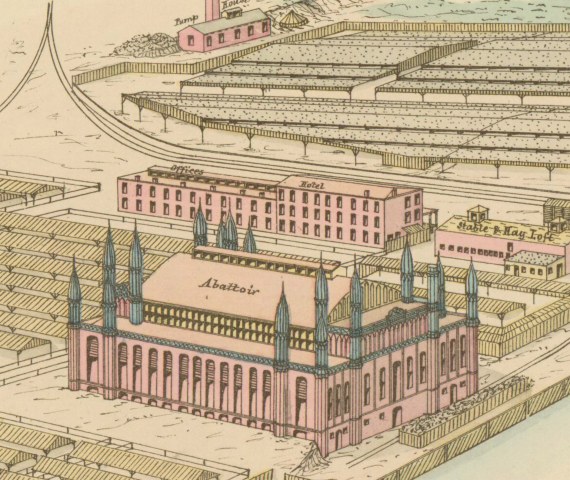 An isometric drawing of the site of
the office and hotel building, with “Stable and Hay Loft” to its
right, “Abbatoir” in the foreground, and “Pump House” in the
background.  These buildings, being brick, are colored pink; others
made of wood are colored yellow.  The abbatoir is a handsome and
ornate building, featuring four blue spires at each corner.