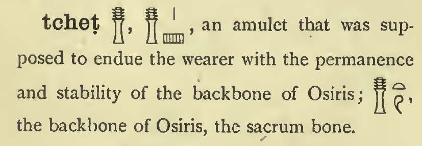 Screencap of the
entry from Budge's dictionary, defining tcheṭ.  The glyph is a sort of
pillar or column with a fluted middle and a sort of vertebral thing
on top.  The definition reads: “an amulet that was supposed to endue
the wearer with the permanence and stability of the backbone of
Osiris”.  Then there is another hieroglyph that incorporates tcheṭ as
a component, glossed as “the backbone of Osiris, the sacrum bone”.