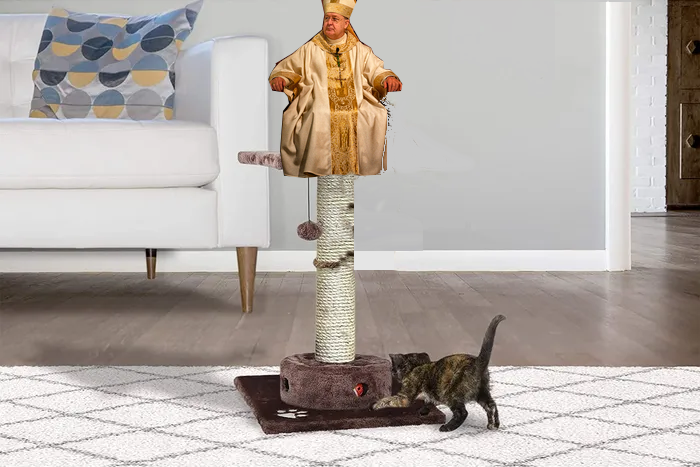 The
same picture as before, but the cat has been digitally erased from the
platform, and replaced with a gorgeously uniformed cardinal of the
Catholic Church, wearing white and gold robes and miter.