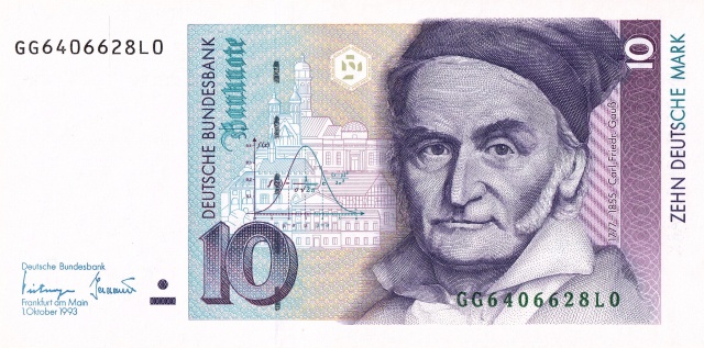 obverse of 1999
10 Deutsche mark banknote with portrait of Karl Gauss. The portrait is
captioned “1777–1855 Carl Friedr. Gauß”