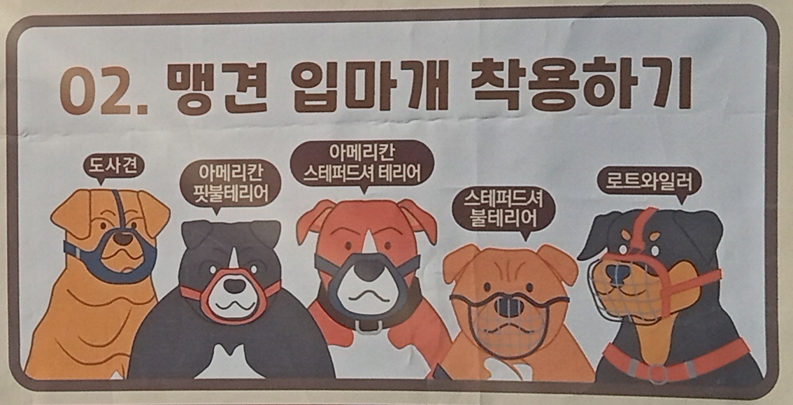 Sign with Korean text and
pictures of five dogs wearing muzzles.
