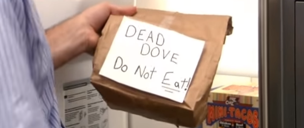 Still from “Arrested
Developement” of a Michael Bluth's hand holding a brown paper bag
labeled ‘DEAD DOVE Do Not Eat!’ which he has just found in his
refrigerator.  In the show, Michael looks inside, makes a face, and
says “I don't know what I expected.”
