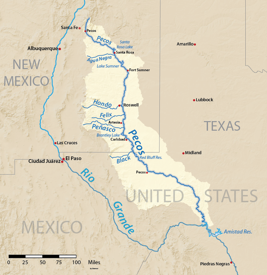 Map of the above,
showing the Pecos River and Rio Grande, both flowing roughly from
northwest to southeast.  The Grande flows south past Albuquerque, NM,
and then becomes the border between Texas and Mexico.  The Pecos flows
through New Mexico past Brantley Lake and Carlsbad, then into the
Texas Red Bluff Reservoir, and eventually into the Amistad Reservoir
on the Texas-Mexico border.