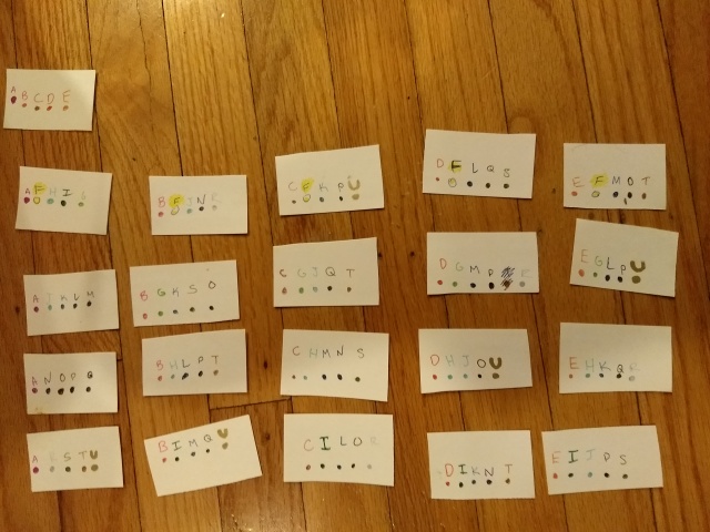 Katara's set of 21 cards.  Each
has five colored dots of 21 total different colors, and each colored
dot is labeled with a letter of the alphabet in the same color.  There
are some mistakes that are crossed out and corrected, and a couple of
mistakes that are not yet crossed out or corrected.