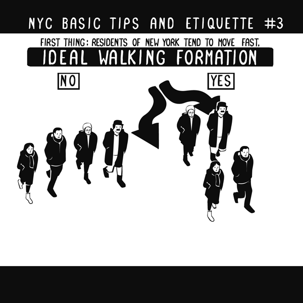 animated gif depicting 'ideal New York walking formation': slower
people in two columns, so the faster people can flow around them