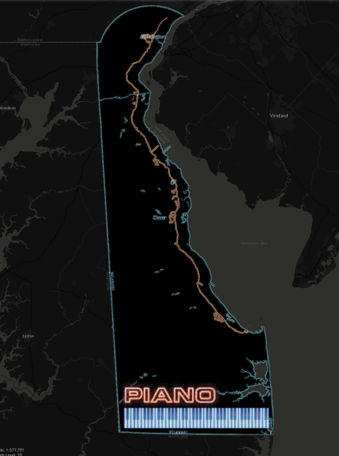 I colored
this map of Delaware in the same style as the album cover, with the
state border in neon blue, the keyboard and PIANO label placed down at
the southern edge.  The twelve-mile circle at the north end becomes the
rounded back edge of the piano.  The Maryland border is the straight
left edge. The silhouette cutout at the upper
right is Delaware Bay.  Delaware is more elongated than the piano, but
the shapres are quite similar.