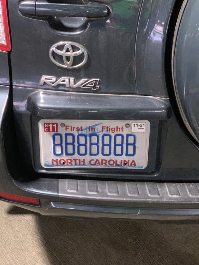 A North
Carolina plate with the number 8B8B88B