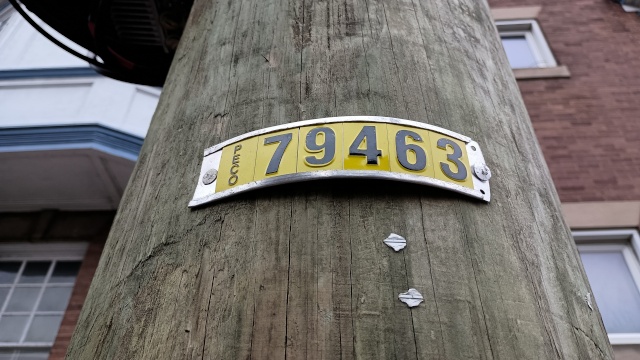 a wooden utility pole, attached
to which is a metal frame enclosing six of those little yellow
rectangles.  Each has been embossed with a black numeral, and together
the six rectangles announce the post's ID number.