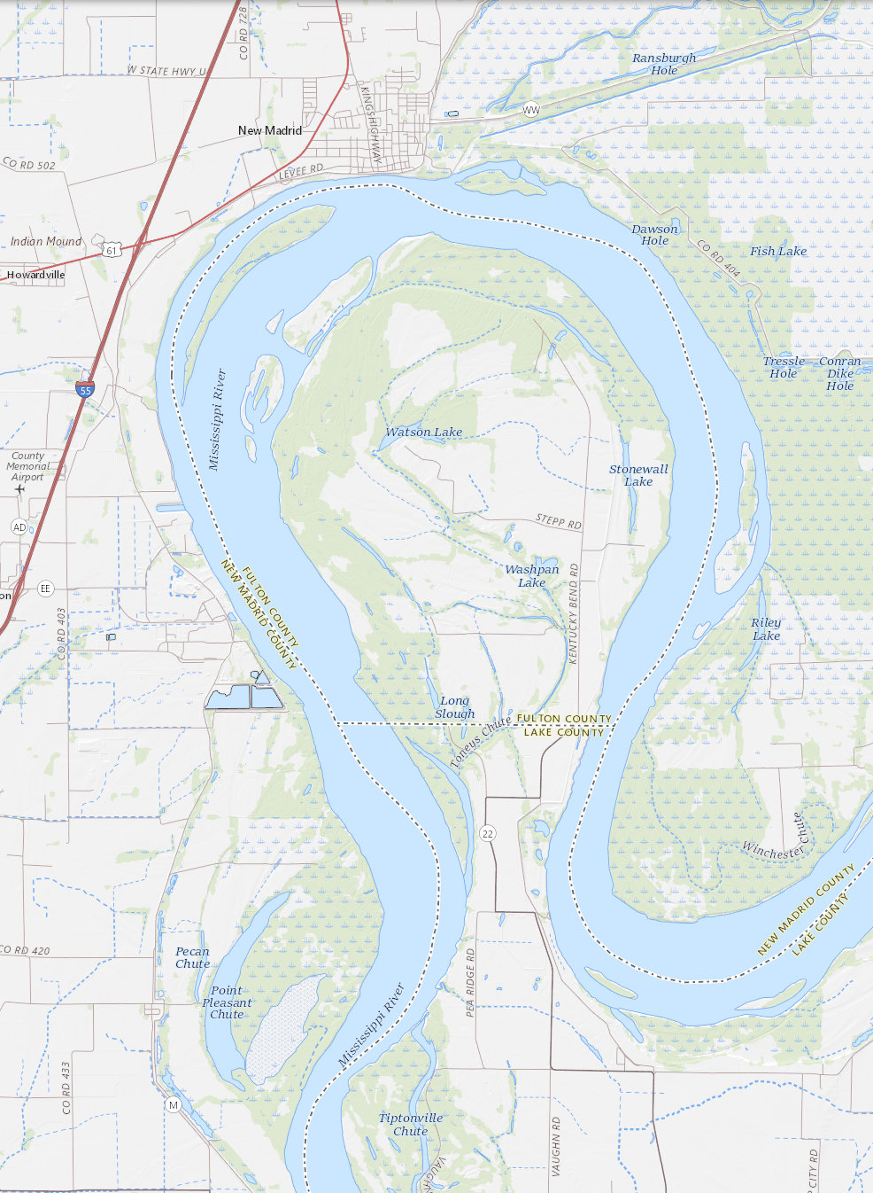  Missouri is mostly north of
Tennessee, divided by the winding Mississippi River.  But the river
makes a hairpin turn, flowing north to New Madrid, MO, and then
turning sharply south again, leaving a narrow peninsula
protruding north from Tennessee… Except that the swollen northern end
of the peninsula is in Kentucky.  Its land border, to the south,
is with Tennessee, and its river borders, all around, are with
Missouri.