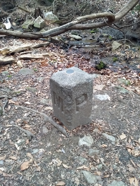 The other side of the marker,
this time from higher up.  There are another M and P, the M on the
left and the P on the right.  There is an engraved brass disc set into
the top of the block.