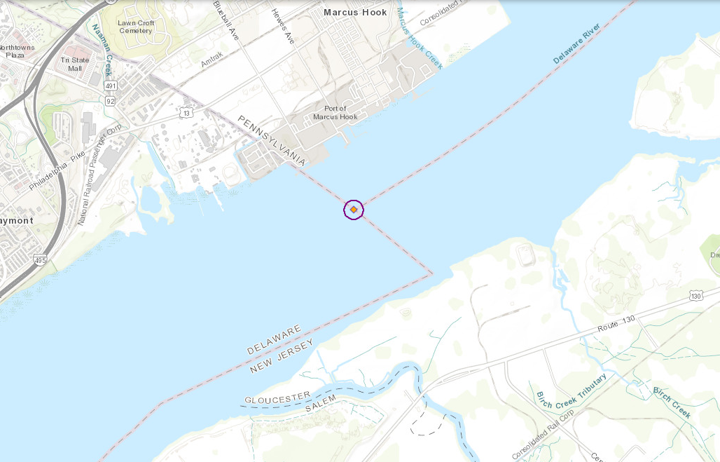 Map of the Pennsylvania-New Jersey-Delaware triple border, about a kilometer offshore from Marcus Hook, PA, further described below.