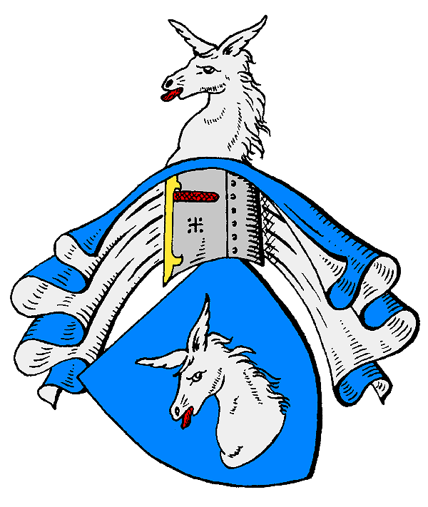 The coat of arms of the Zeppelin family, per Wikimedia
Commons. A white goat's head with a nauseated expression, its long red
tongue sticking out.  Below this is a blue and white cloth, a
full-face helmet, and, at the bottom, a blue kite shield with the same
picture of the same nauseated goat.