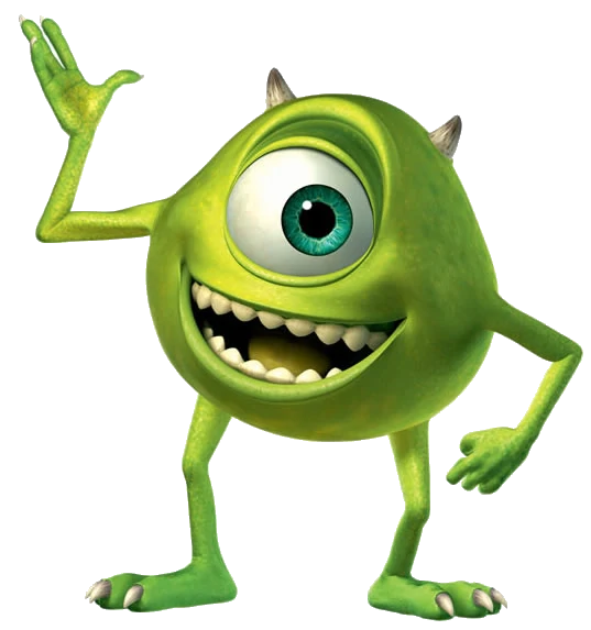 Mike Wazowski is a
two-foot-tall green globe with arms and legs and a single large
eye. He has a broad, cheerful smile full of (blunt) teeth, no
nose, and cute little horns.