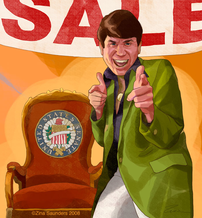 Rod
Blagojevich is depicted as a user-car salesman in the cheaply-produced
television advertisement.  He is wearing a green sport jacket with
wide lapels, white trousers, a shirt with a deep neckline, and a gold
neck medallion.  He stands gleefully in front of a large banner that proclaims
“SALE”, and is pointing both index fingers at the viewer. Behind him
is an armchair with the seal of the United States Senate on the
upholstery.
