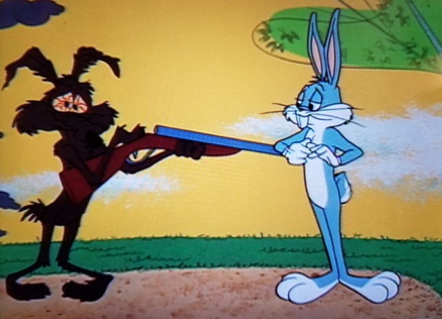 Wile E., a cartoon coyote has just fired a shotgun at Bugs Bunny. For some reason the shotgun has fired backwards and blown his face off, as Git sometimes does.