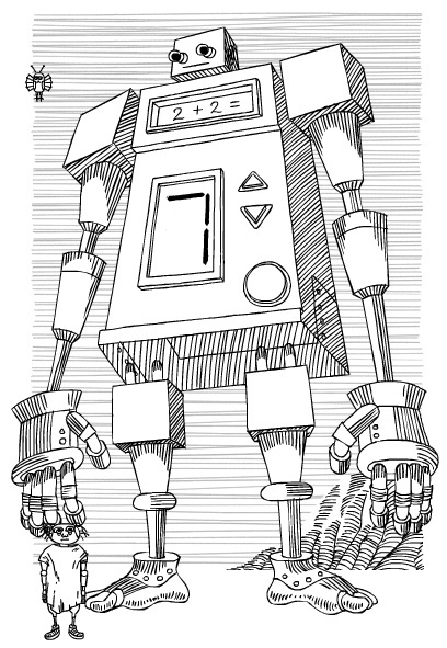 An
illustration, in the style of the illustration from Stanislaw Lem's
“The Cyberiad”, depicting a giant humanoid computer proudly displaying the
problem “2 + 2 =” and its solution, “7“, on its front panel.