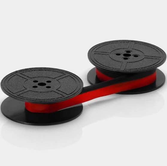 An old-style typewriter ribbon, a long, narrow piece of cloth
impregnated with ink and wound onto two spools.  On this one, the top
half of the strip is black and the bottom half is red.