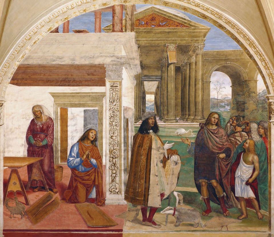 In the left half of the
picture, a brown-skinned woman in a brick-red dress gazes down, hands
folded, and a very young St. Benedict, with long hair and no beard,
gases piously to heaven.  To the right, the outside of the house, with
Il Sodoma, righly dressed, in the centre, and a crowd of visitors on
the right.