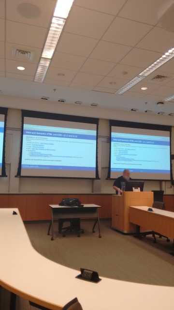 A bearded person is
standing, not far away, at a lectern in front of projection screens.
Displayed on the screens is the first of his talk slides, with a great
deal of blue text in an illegibly small font.