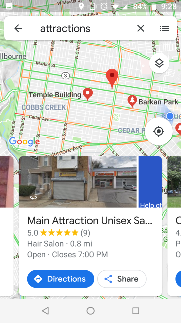 Screenshot of
Google maps information about The Main Attraction Unisex Hair Salon in
West Philadelphia