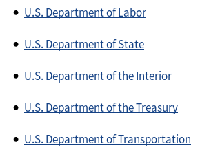 A screenshot of part of the USA.gov page, listing in order, the
departments of Labor, State, the Interior, the Treasury, and Transportation