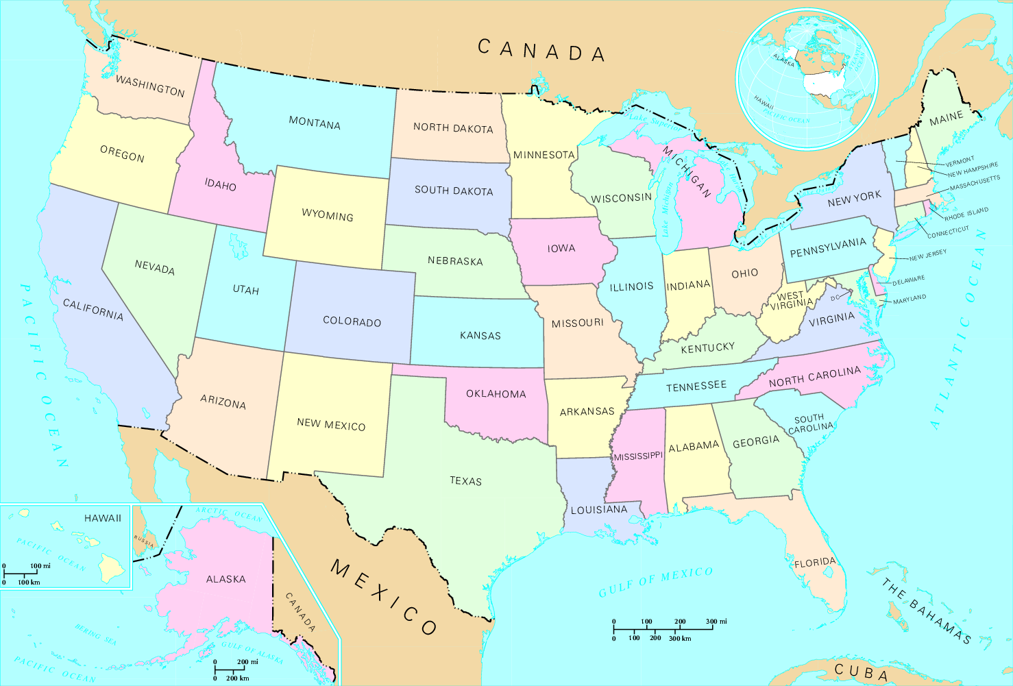 Standard map of
the 48 continental United States, with insets showing Alaska and
Hawai’i