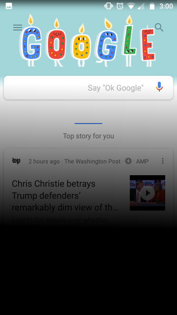 A
screenshot
of my phone.  The usual “Google” logo has been replaced by one where
the letters are birthday candles.  The birthday candles have eyes.