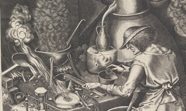 Detail of Peter
Bruegel's 1588 woodcut of a stupid-looking alchemist sacrificing his
last gold coin to a smoking crucible