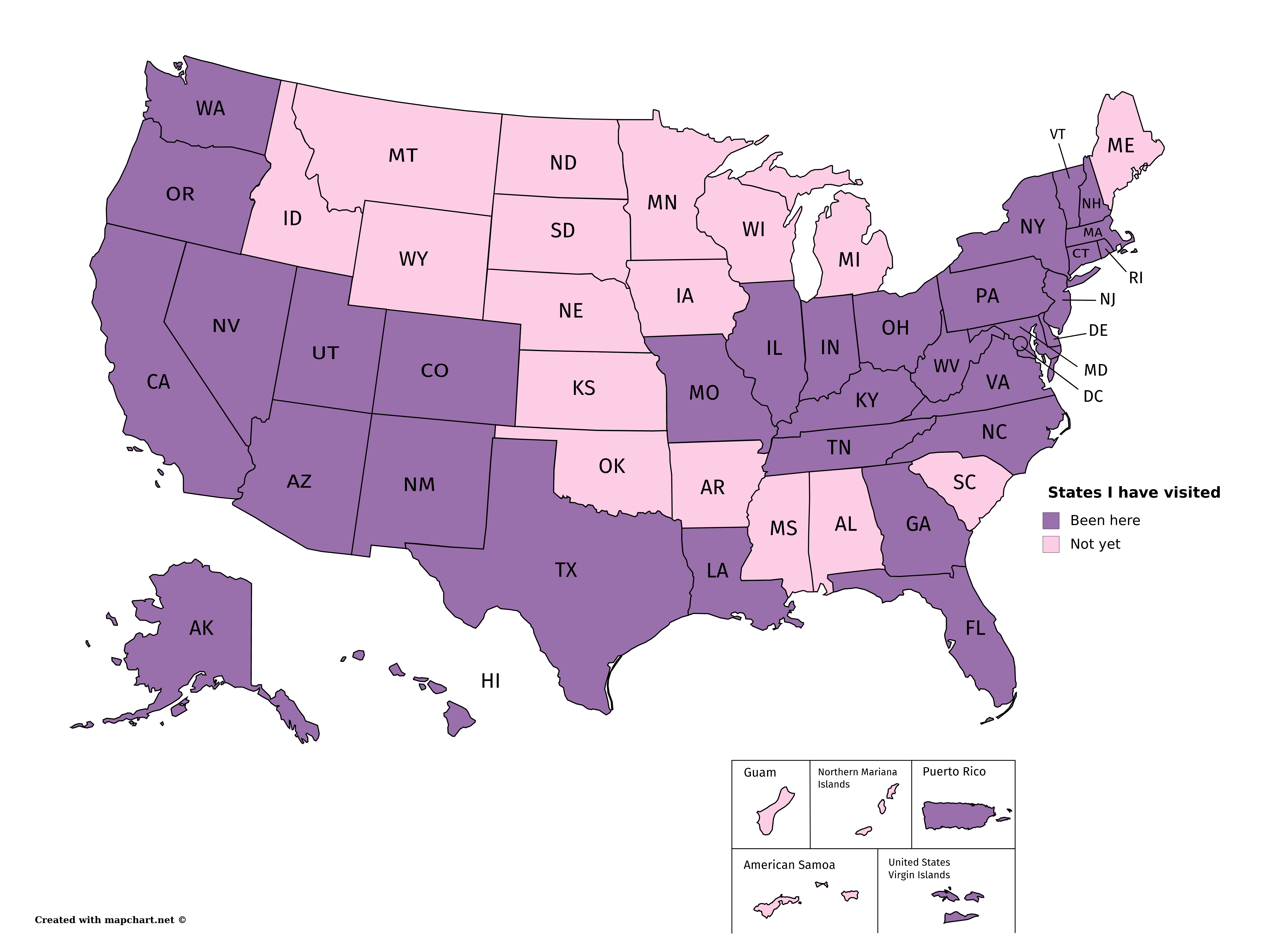 Map of
the U.S. with states I have visited colored purple, states not yet
visited are pink.  The pink states are in a large connected area
covering most of the Great Plains and upper Midwest, down to Oklahoma,
and then east across the deep South, minus Georgia.  Plus Maine.