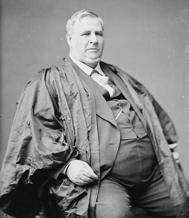 Judge Davis is a very fat white man, with gray hair and narrow
eyes, in his sixties.  He is seated, wearing a dark suit with a
vest, and over that a judge's robe. He has no mustache.  His beard
is white and neatly trimmed to a length of about ¾ inch. It
consists of sideburns down to his jawline, and then runs along his
neck and the underside of his jaw, like an upside-down carpet.  His
chin is bare.