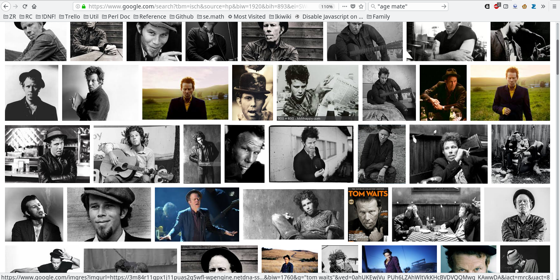 Screenshot of the first page of Google image search for 'Tom
Waits'.  Almost all the pictures are black and white photographs; very
few are in color.